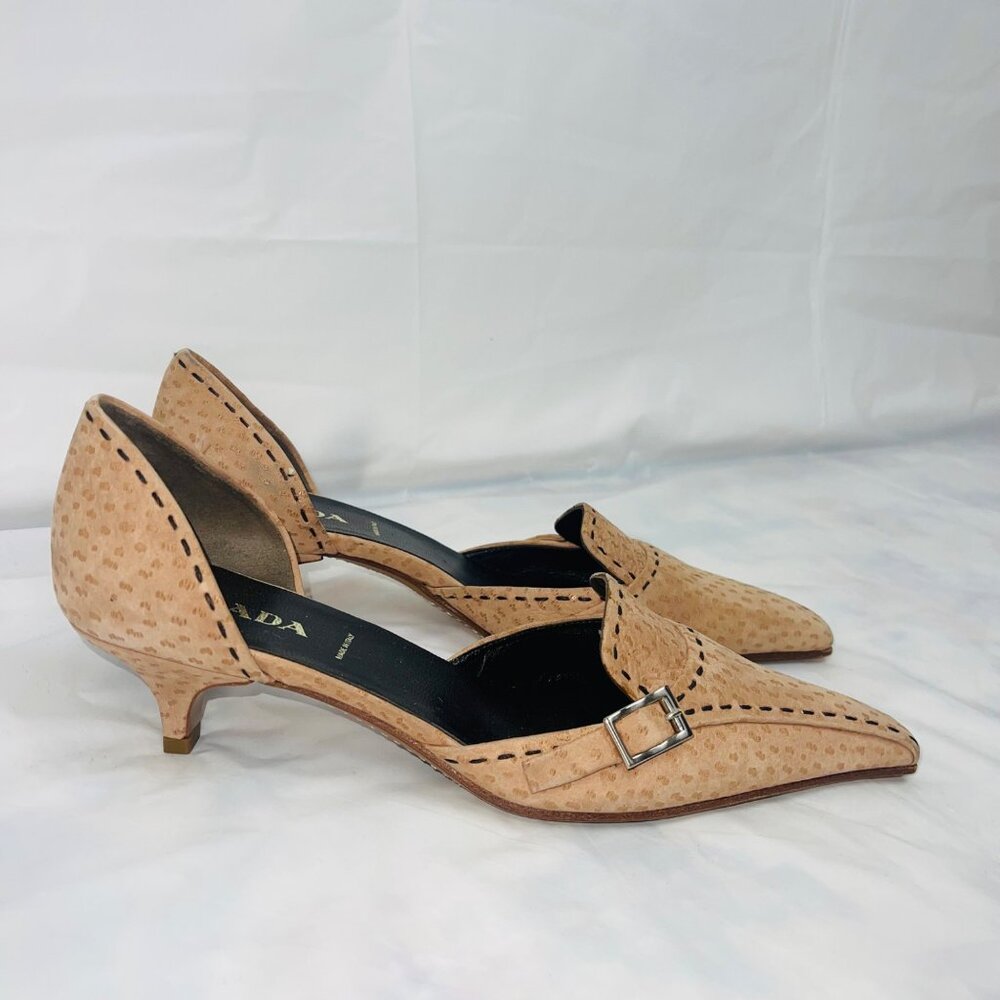 Prada Beige Pointed-Toe Kitten Heel Pumps With Buckle Detail
